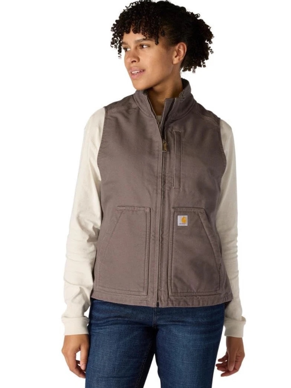 Carhartt Women's Size M Taupe Gray Washed Duck Sherpa Lined Mock Neck Vest